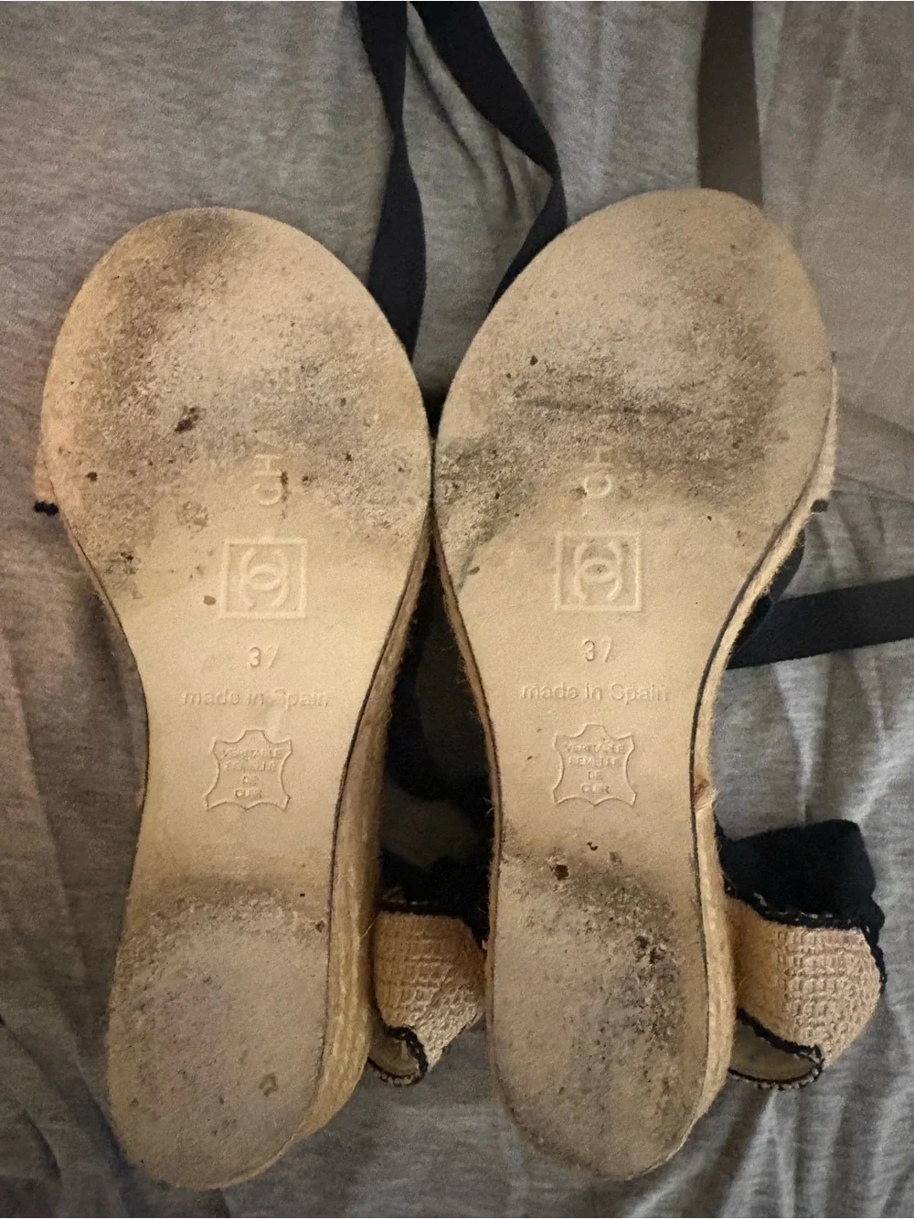 CHANEL Beige and Black Espadrille Lace-Up Sandals